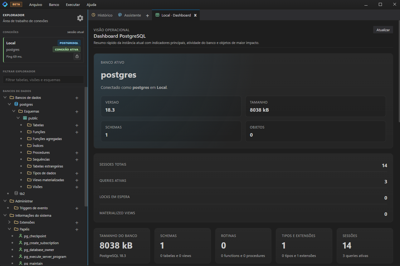 Tela do OpenDB com lista de conexoes e areas do workbench