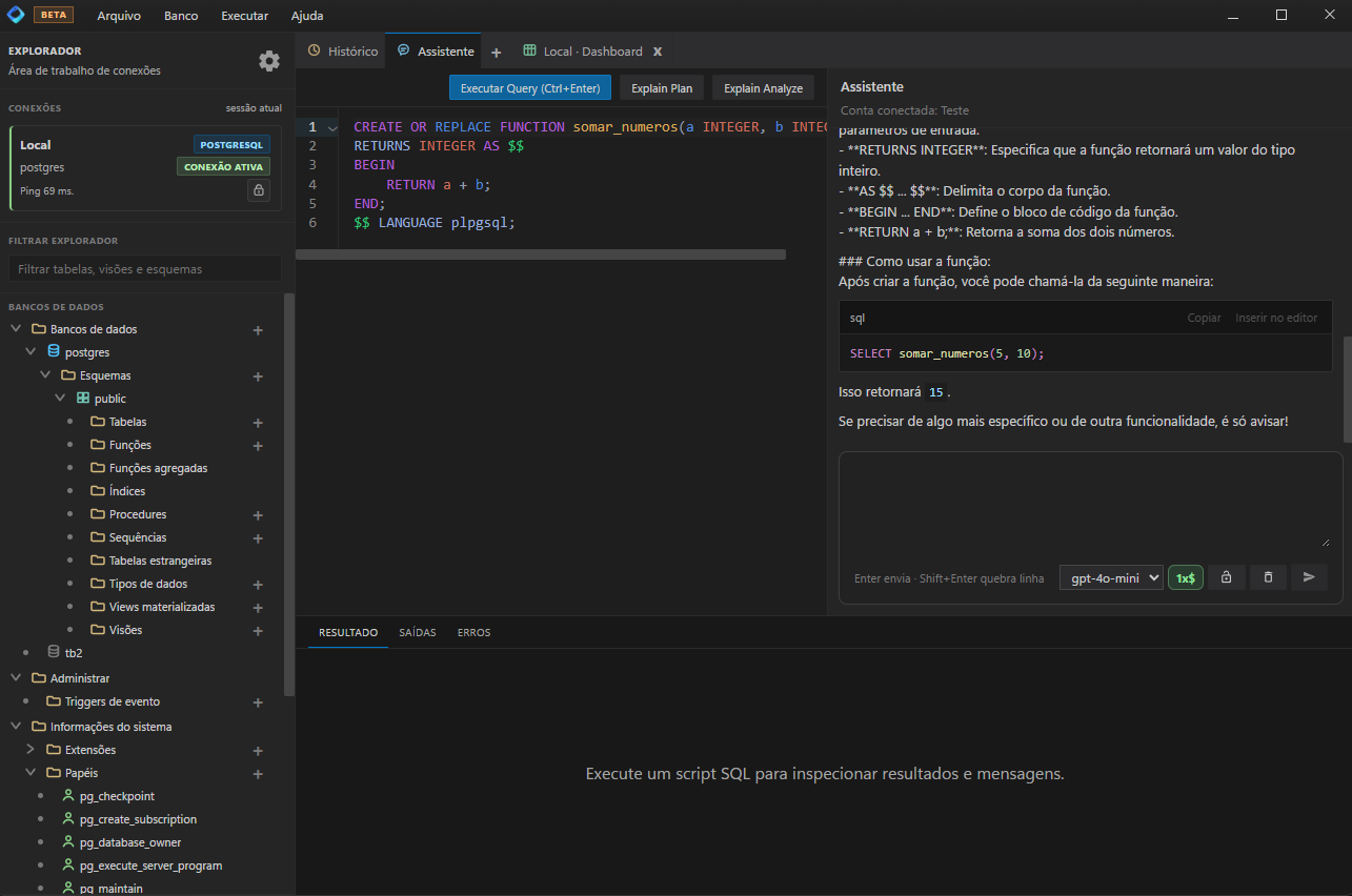 Tela do OpenDB com explorador de objetos PostgreSQL e painel SQL